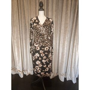 W by Worth Leopard Floral Mixed Print Faux Wrap Midi Dress Long Sleeve Small